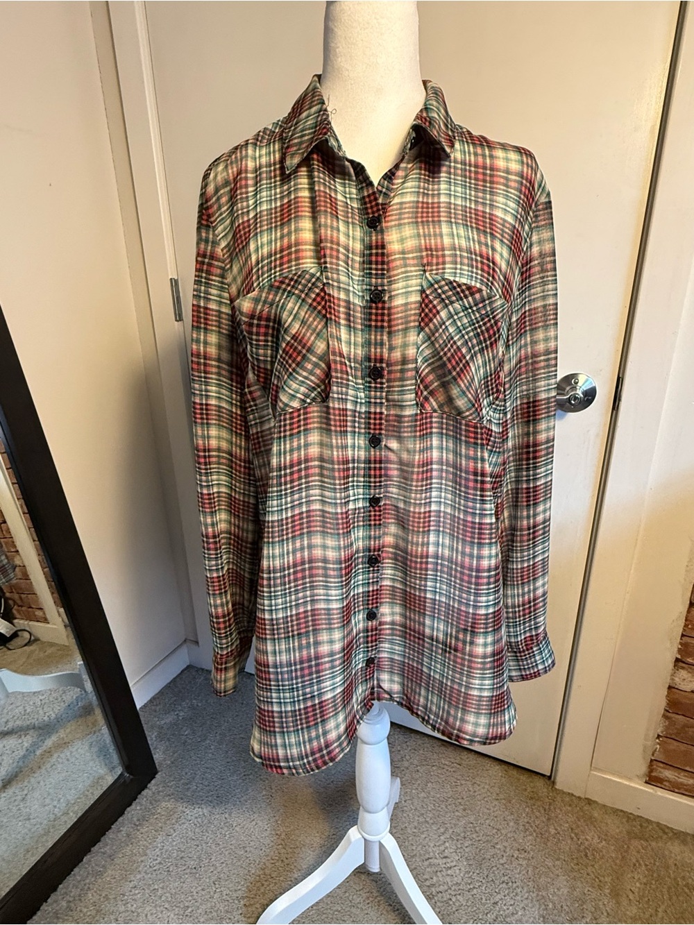 Xhilaration Plaid Button-Down Shirt Dress in Red, Green, Cream